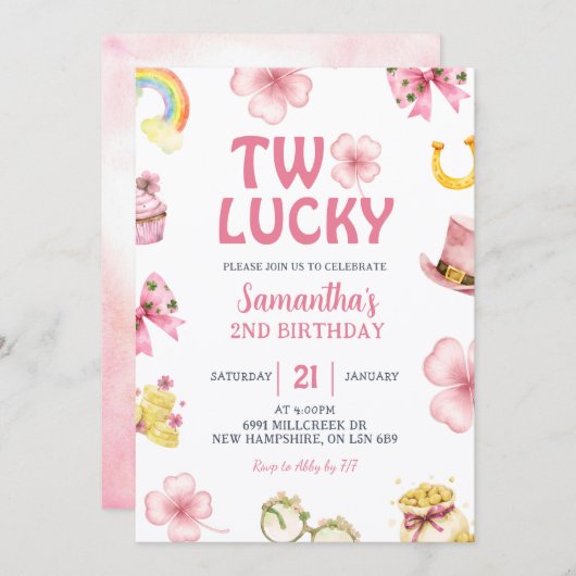 Pink St Patrick Two Lucky Birthday Invitation Kaart (Voorkant / Achterkant)
