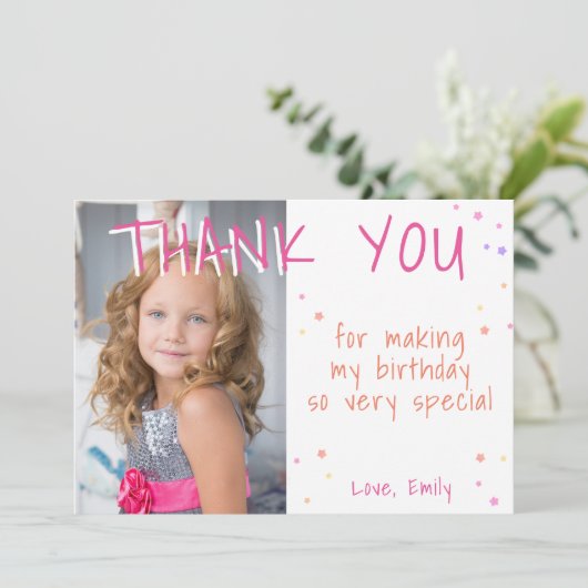 Pink Star Girl Foto Birthday Bedankkaart (Staand voorkant)
