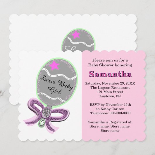 Pink Star Silver Rattle Baby shower Kaart (Voorkant / Achterkant)
