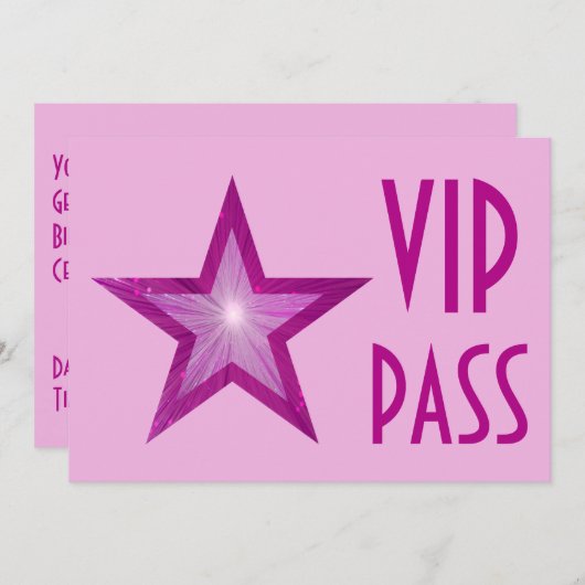 Pink Star 'VIP PASS' bord roze horizontaal Kaart (Voorkant / Achterkant)