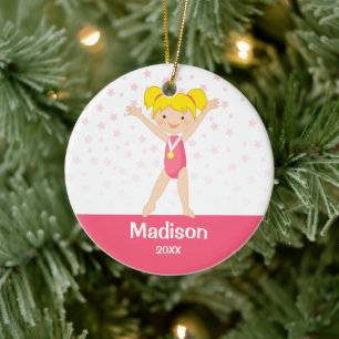 Pink Stars Blonde Girl Gymnastics Personalized Keramisch Ornament