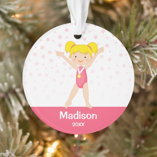 Pink Stars Blonde Girl Gymnastics Personalized Ornament (Boom)