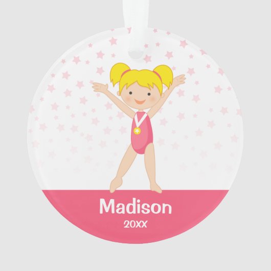 Pink Stars Blonde Girl Gymnastics Personalized Ornament (achterkant)