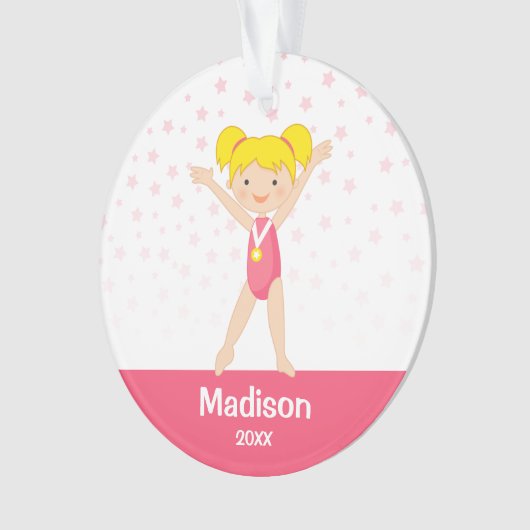 Pink Stars Blonde Girl Gymnastics Personalized Ornament (voorkant)