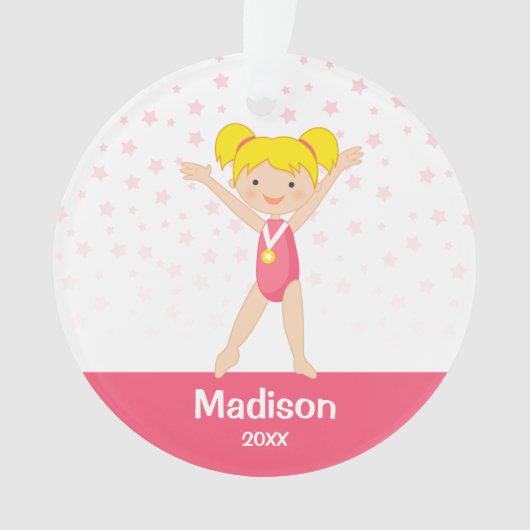 Pink Stars Blonde Girl Gymnastics Personalized Ornament (voorkant)