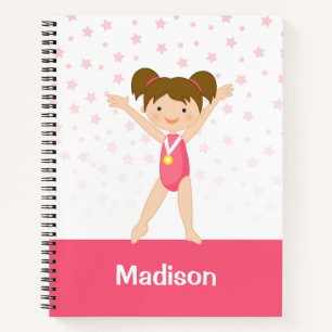 Pink Stars Brunette Girl Gymnastics Personalized Notitieboek