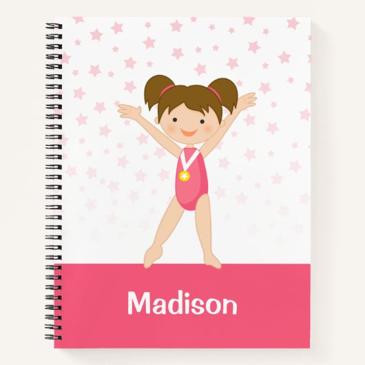 Pink Stars Brunette Girl Gymnastics Personalized Notitieboek (Voorkant)
