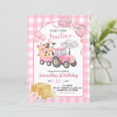 Pink Start Your Tractor Farm Animals Birthday Kaart (Staand voorkant)