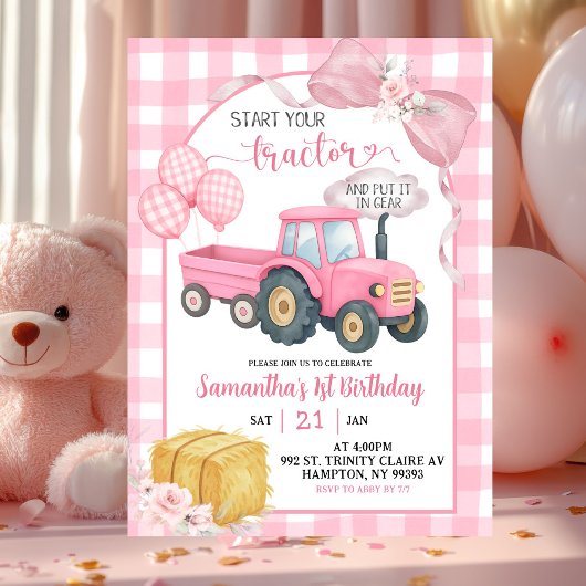Pink Start Your Tractor Farm Theme Girl Birthday Kaart
