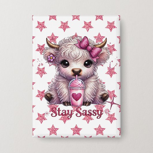 Pink, Stay Sassy, Highland Koeien Button (Voorkant)