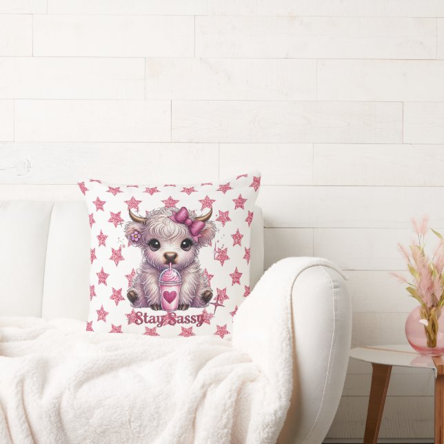 Pink, Stay Sassy, Highland Koeien Kussen (Bank)
