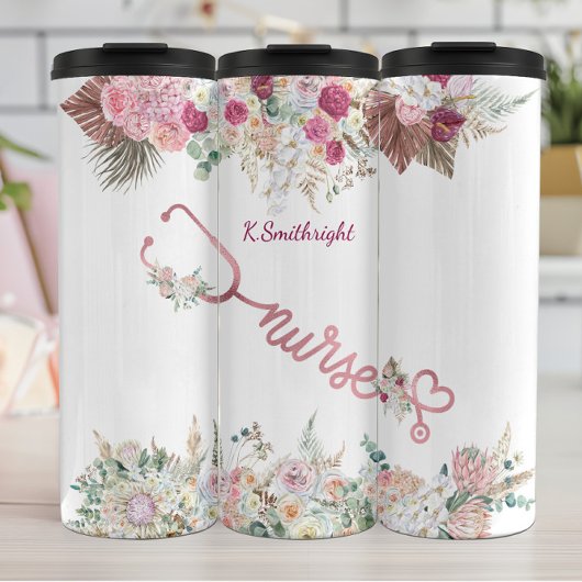Pink Stethoscope Floral Nurse Tribute Thermosbeker