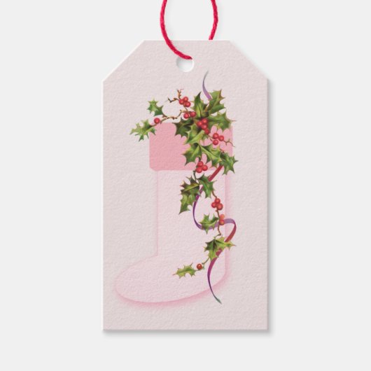 Pink Stocking and Holly Berries Holiday Cadeaulabel (Voorkant)