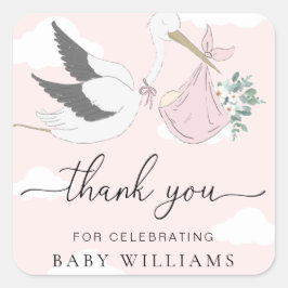 Pink Stork Baby shower Dank u Vierkante Sticker