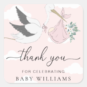 Pink Stork Baby shower Dank u Vierkante Sticker