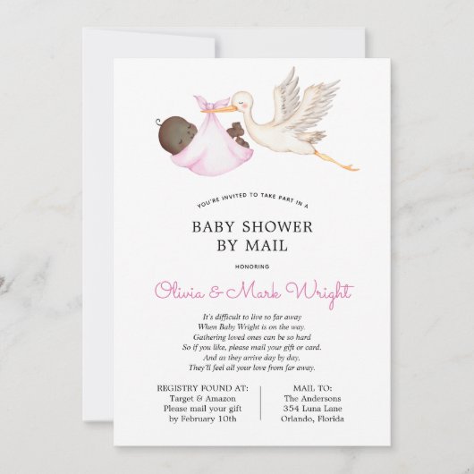 Pink Stork Baby shower per Mail Invitation Kaart (Voorkant)