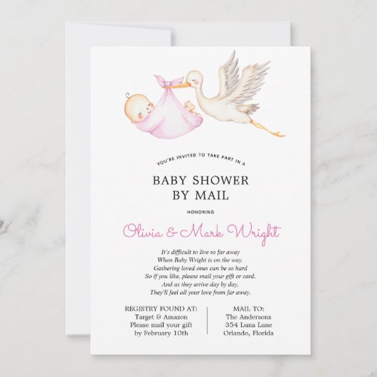 Pink Stork Baby shower per post Kaart (Voorkant)
