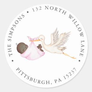Pink Stork Baby shower Retouradres Classic Roun Ronde Sticker