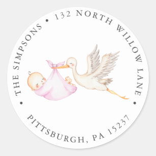 Pink Stork Baby shower Retouradres Ronde Sticker