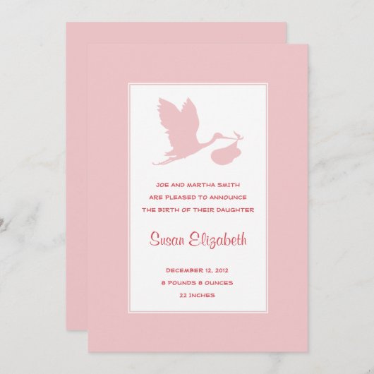 Pink Stork geboorte aankondiging (Voorkant / Achterkant)