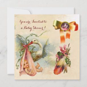 PINK STORK GIRL BABY SHOWER, GEMSTONE MONOGRAM KAART