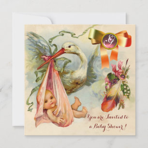 PINK STORK GIRL BABY SHOWER, GEMSTONE MONOGRAM KAART