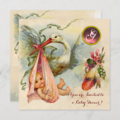 PINK STORK GIRL BABY SHOWER, GEMSTONE MONOGRAM KAART (Voorkant / Achterkant)