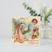 PINK STORK GIRL BABY SHOWER, GEMSTONE MONOGRAM KAART (Staand voorkant)