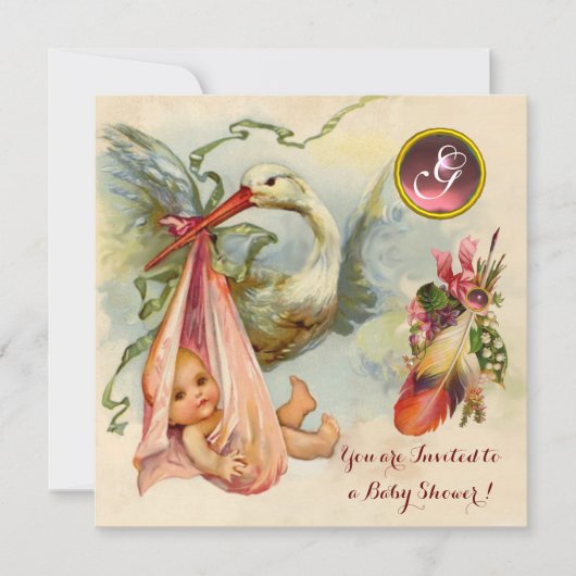 PINK STORK GIRL BABY SHOWER, GEMSTONE MONOGRAM KAART (Voorkant)