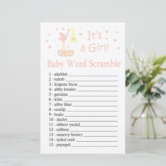 Pink Stork nest Baby word scramble game (Staand voorkant)