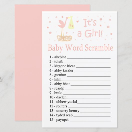 Pink Stork nest Baby word scramble game (Voorkant / Achterkant)