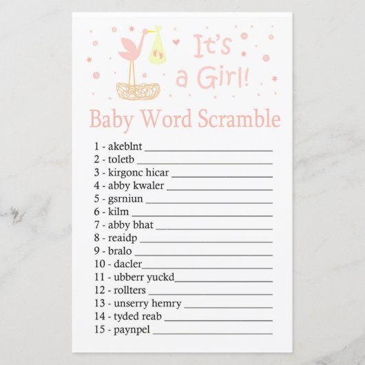 Pink Stork nest Baby word scramble game (Voorkant)