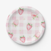 Pink Strawberries Gingham Berry First 1st Birthday Papieren Bordje (Voorkant)