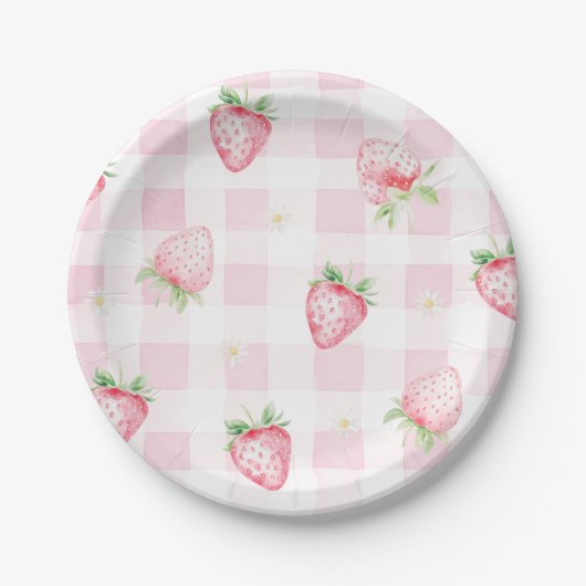Pink Strawberries Gingham Berry First 1st Birthday Papieren Bordje (Voorkant)