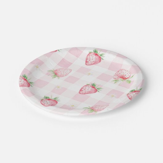 Pink Strawberries Gingham Berry First 1st Birthday Papieren Bordje (Gekanteld)