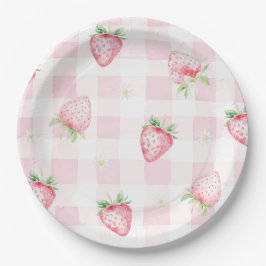 Pink Strawberries Gingham Berry First 1st Birthday Papieren Bordje
