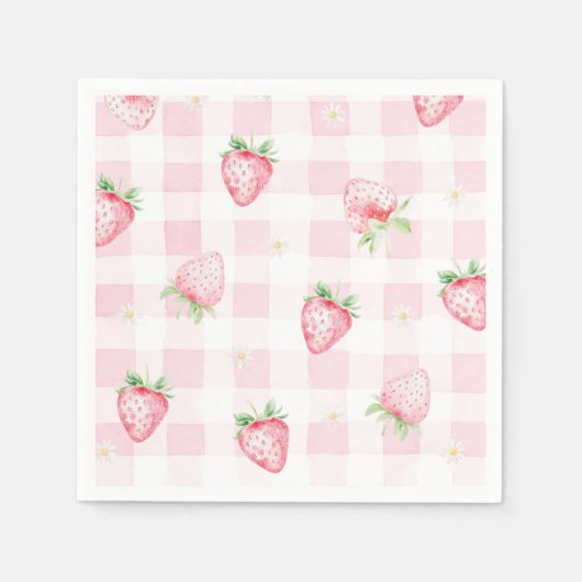 Pink Strawberries Gingham Berry First 1st Birthday Servet (Voorkant)