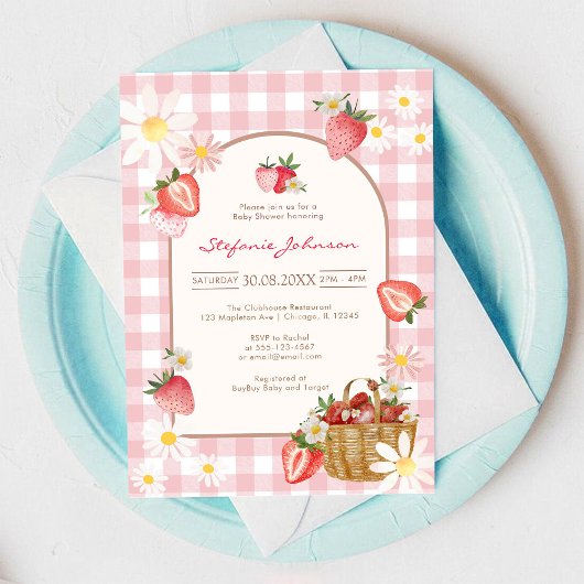 Pink Strawberry Baby Shower Invitation Kaart