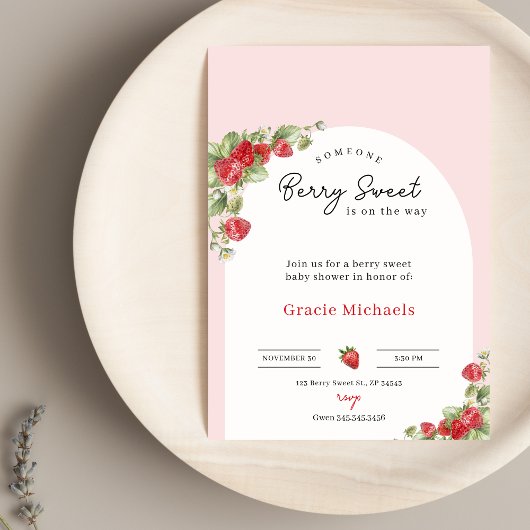 Pink Strawberry Baby Shower Invitation Kaart