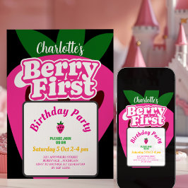 Pink Strawberry Berry First Birthday 1st Birthday  Kaart