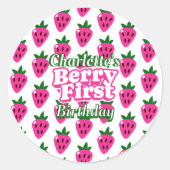 Pink Strawberry Berry First Birthday  Ronde Sticker (Voorkant)