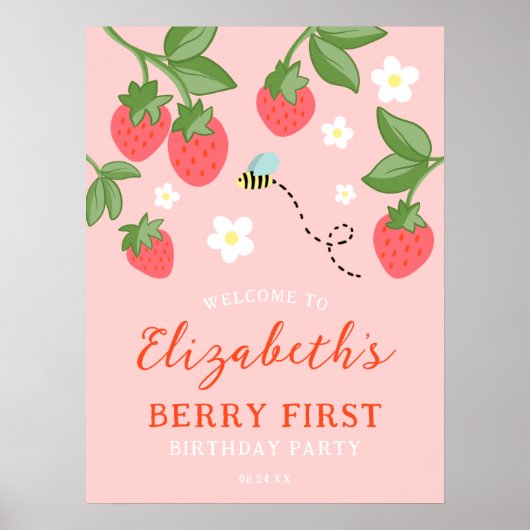 Pink Strawberry Berry First Birthday Welcome Poster (Voorkant)
