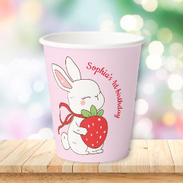 Pink Strawberry Bunny Birthday Papieren Bekers
