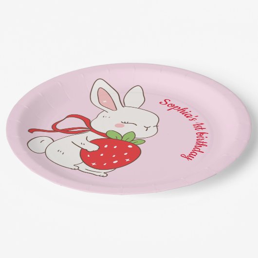 Pink Strawberry Bunny Birthday Papieren Bordje (Gekanteld)