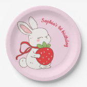 Pink Strawberry Bunny Birthday Papieren Bordje (Voorkant)