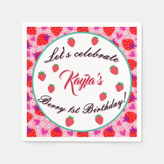 Pink Strawberry eerste verjaardag Servet (Voorkant)