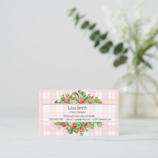 Pink Strawberry Gingham Business Card  Visitekaartje (Staand voorkant)