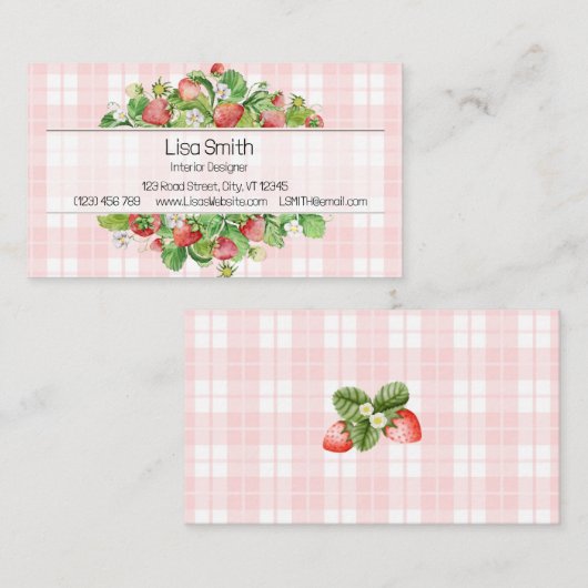 Pink Strawberry Gingham Business Card  Visitekaartje (Voorkant / Achterkant)