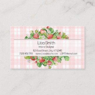 Pink Strawberry Gingham Business Card  Visitekaartje