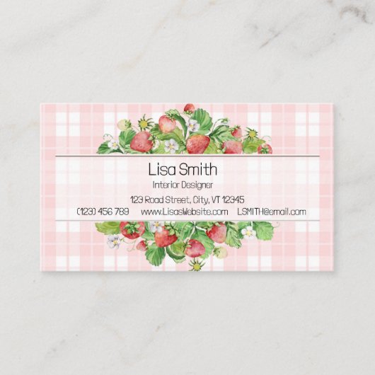 Pink Strawberry Gingham Business Card  Visitekaartje (Voorkant)